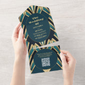QR Code Elegant Blauw en Goud Art Deco Bruiloft All In One Uitnodiging (Afscheurbaar)