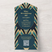 QR Code Elegant Blauw en Goud Art Deco Bruiloft All In One Uitnodiging (Binnen)