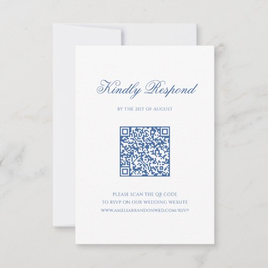 QR Code Elegant Blauw Monogram Crest Script Weddin RSVP Kaartje (Voorkant)