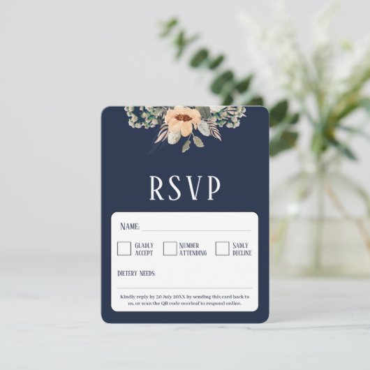 QR Code elegant bloemendonkerblauw RSVP Kaartje (Staand voorkant)