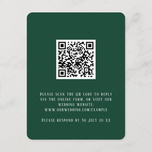 QR Code elegant bloemendonkergroen RSVP Kaartje (Achterkant)