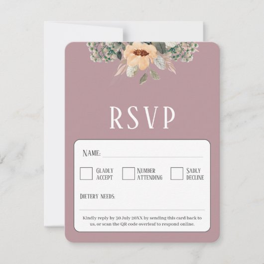 QR Code elegant bloemenroze RSVP Kaartje (Voorkant)