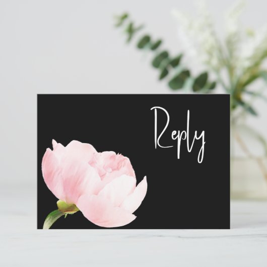 QR-code Elegant Blush Pink Black Floral RSVP Kaartje (Staand voorkant)