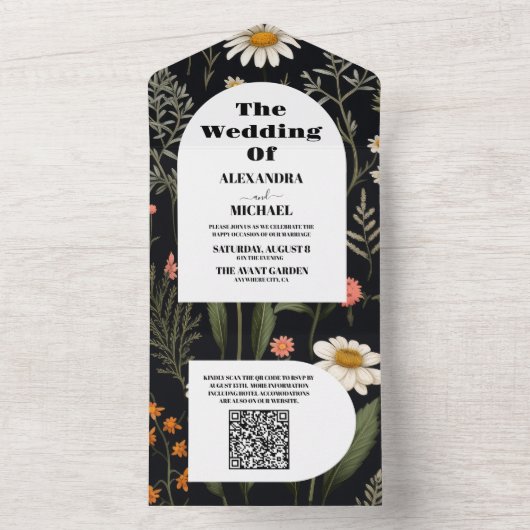 QR Code Elegant Boho Wildflower Bruiloft All In One Uitnodiging (Binnen)