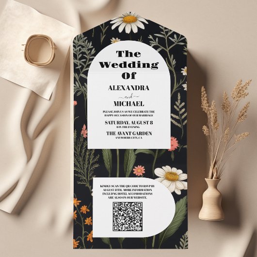 QR Code Elegant Boho Wildflower Bruiloft All In One Uitnodiging