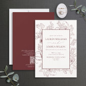 QR-code Elegant Burgundy Floral Line Art Wedding Kaart
