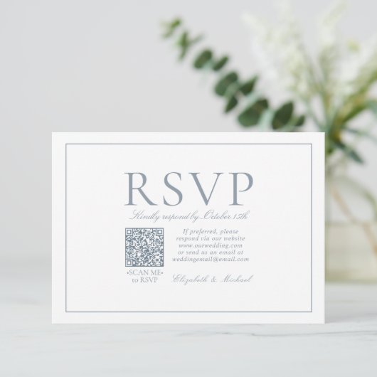QR Code Elegant Dusty Blue Classic Script RSVP Kaartje (Staand voorkant)