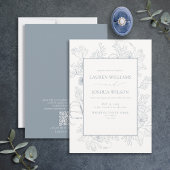 QR-code Elegant Dusty Blue Floral Line Art Wedding Kaart