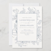 QR-code Elegant Dusty Blue Floral Line Art Wedding Kaart (Voorkant)