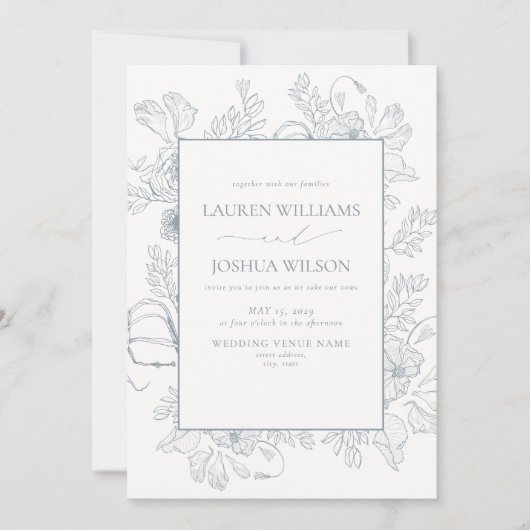 QR-code Elegant Dusty Blue Floral Line Art Wedding Kaart (Voorkant)