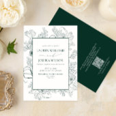 QR-code Elegant Emerald Green Floral Line Art Kaart