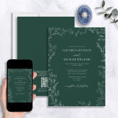 QR Code Elegant Emerald Green Minimal Leaf Wedding Kaart