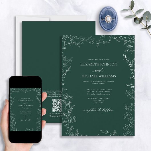 QR Code Elegant Emerald Green Minimal Leaf Wedding Kaart