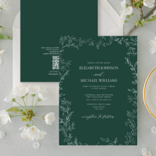 QR Code Elegant Emerald Green Minimal Leaf Wedding Kaart