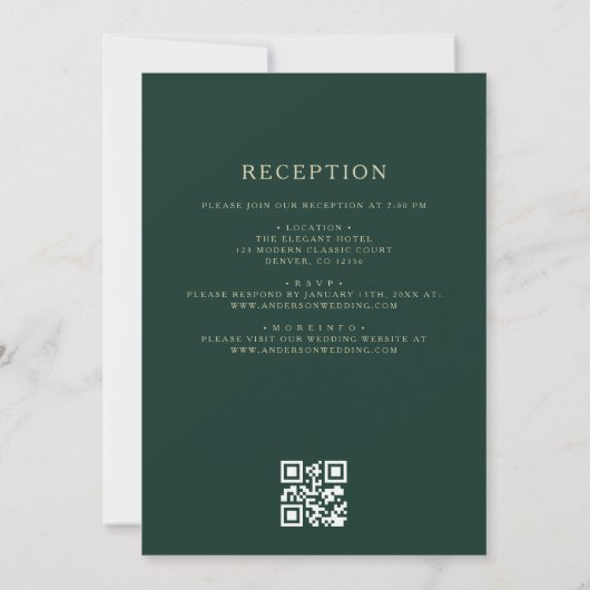 QR Code Elegant Emerald Green Monogram Weddenschap Kaart (Achterkant)