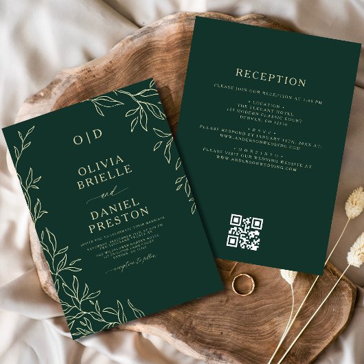 QR Code Elegant Emerald Green Monogram Weddenschap Kaart