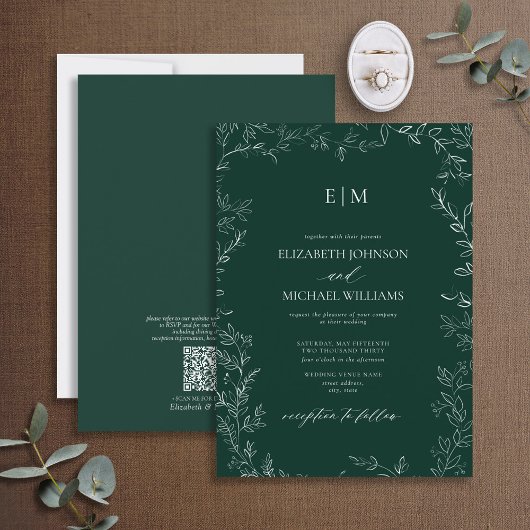 QR Code Elegant Emerald Green Monogram Weddenschap Kaart
