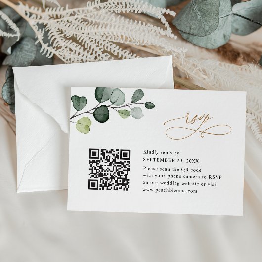 QR-code Elegant Eucalyptus Greenery Gold Wedding RSVP Kaartje