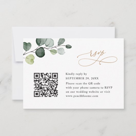 QR-code Elegant Eucalyptus Greenery Gold Wedding RSVP Kaartje (Voorkant)