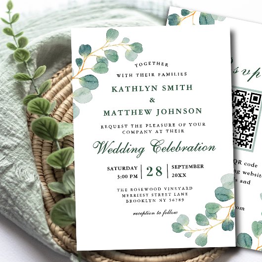 QR-code Elegant Eucalyptus Greenery Wedding Kaart