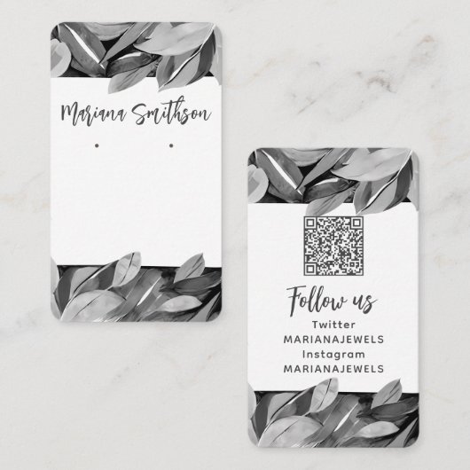 QR-code Elegant Foliage Grey Earring Display Kaart Visitekaartje (Voorkant / Achterkant)