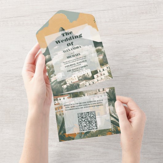QR Code Elegant Italië Capri Bestemming Bruiloft All In One Uitnodiging (Afscheurbaar)
