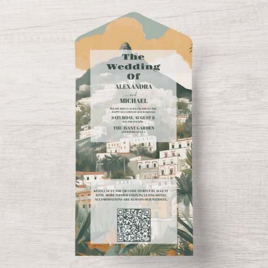 QR Code Elegant Italië Capri Bestemming Bruiloft All In One Uitnodiging (Binnen)