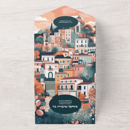 QR Code Elegant Italië Capri Bestemming Bruiloft All In One Uitnodiging (Buitenkant)