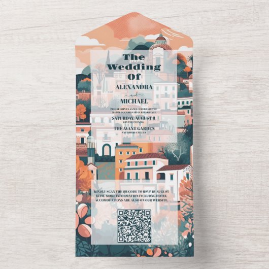 QR Code Elegant Italië Capri Bestemming Bruiloft All In One Uitnodiging (Binnen)