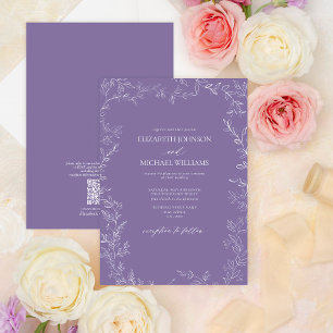 QR Code Elegant Lavender Minimal Leaf Wedding Kaart