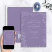 QR Code Elegant Lavender Minimal Leaf Wedding Kaart