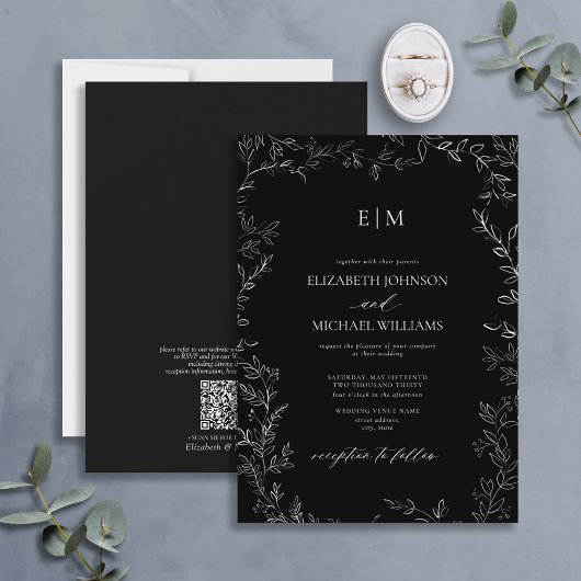 QR-code Elegant Leaf Black White Monogram Weddensc Kaart