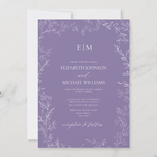 QR Code Elegant Leaf Lavender Monogram Weddenschap Kaart (Voorkant)