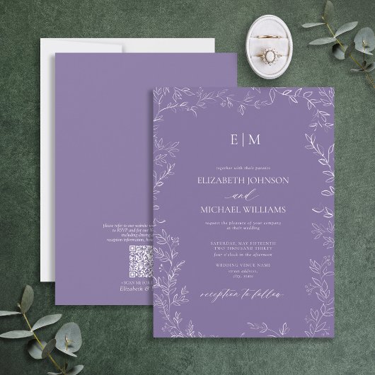 QR Code Elegant Leaf Lavender Monogram Weddenschap Kaart