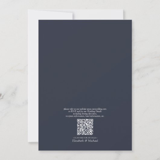 QR Code Elegant Leaf Navy Blue Monogram Weddenscha Kaart (Achterkant)