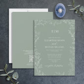 QR Code Elegant Leaf Sage Green Monogram Weddensch Kaart