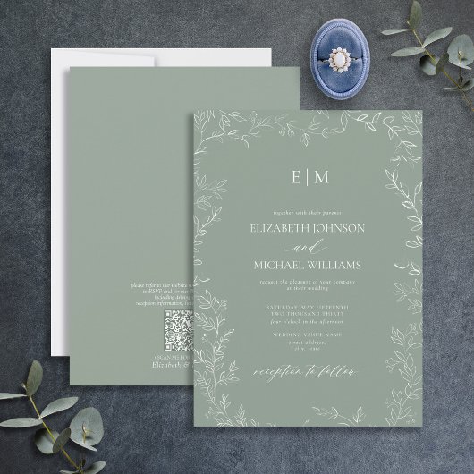 QR Code Elegant Leaf Sage Green Monogram Weddensch Kaart
