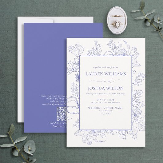 QR-code Elegant Lila Lavender Floral Wedding Kaart