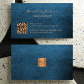 QR-code elegant luxe blauw leder goud monogram Visitekaartje