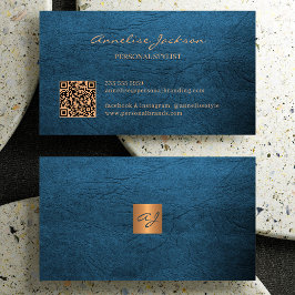 QR-code elegant luxe blauw leder goud monogram Visitekaartje