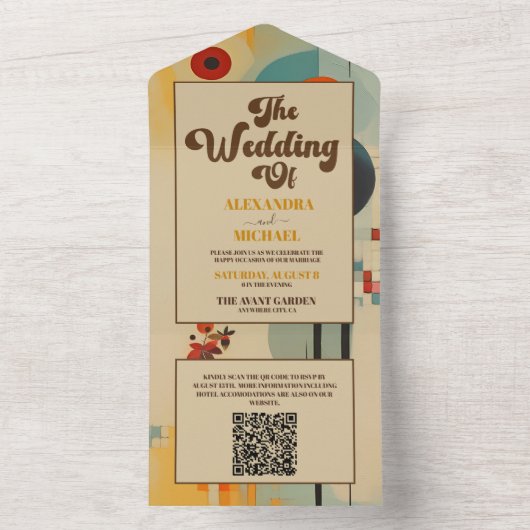 QR Code Elegant Midden Eeuw Bloemen Bruiloft All In One Uitnodiging (Binnen)