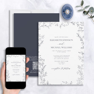 QR-code Elegant Minimaal blad Marineblauw Bruiloft Kaart