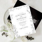 QR-code Elegant Minimal Leaf Black & White Wedding Kaart