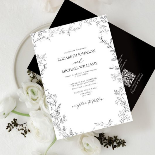 QR-code Elegant Minimal Leaf Black & White Wedding Kaart
