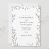 QR-code Elegant Minimal Leaf Black & White Wedding Kaart (Voorkant)