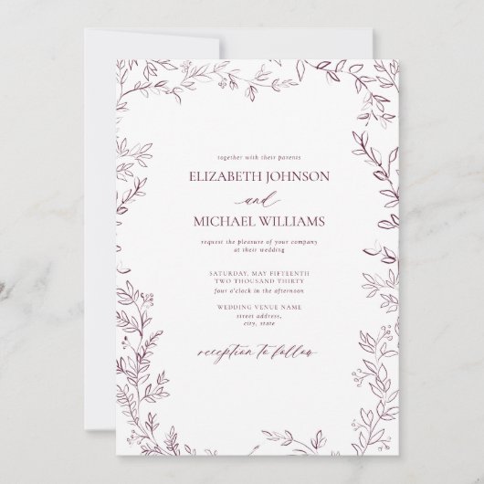 QR-code Elegant Minimal Leaf Burgundy Wedding Kaart (Voorkant)