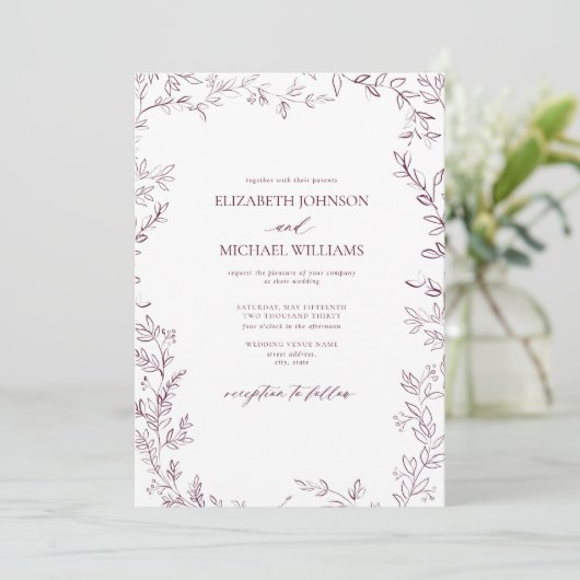 QR-code Elegant Minimal Leaf Burgundy Wedding Kaart (Staand voorkant)