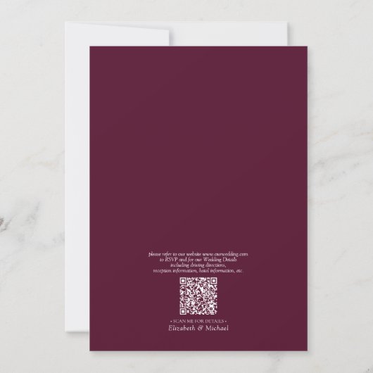 QR-code Elegant Minimal Leaf Burgundy Wedding Kaart (Achterkant)