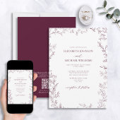 QR-code Elegant Minimal Leaf Burgundy Wedding Kaart