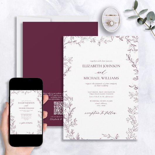 QR-code Elegant Minimal Leaf Burgundy Wedding Kaart